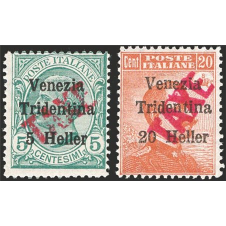 Trentino 1918/19 Venezia Tridentina 5 h. su 5 c. e 20 h. su 20 c. con soprast. "TAXE" in rosso n° BZ3 47/48 Cert. Biondi Cat. € 