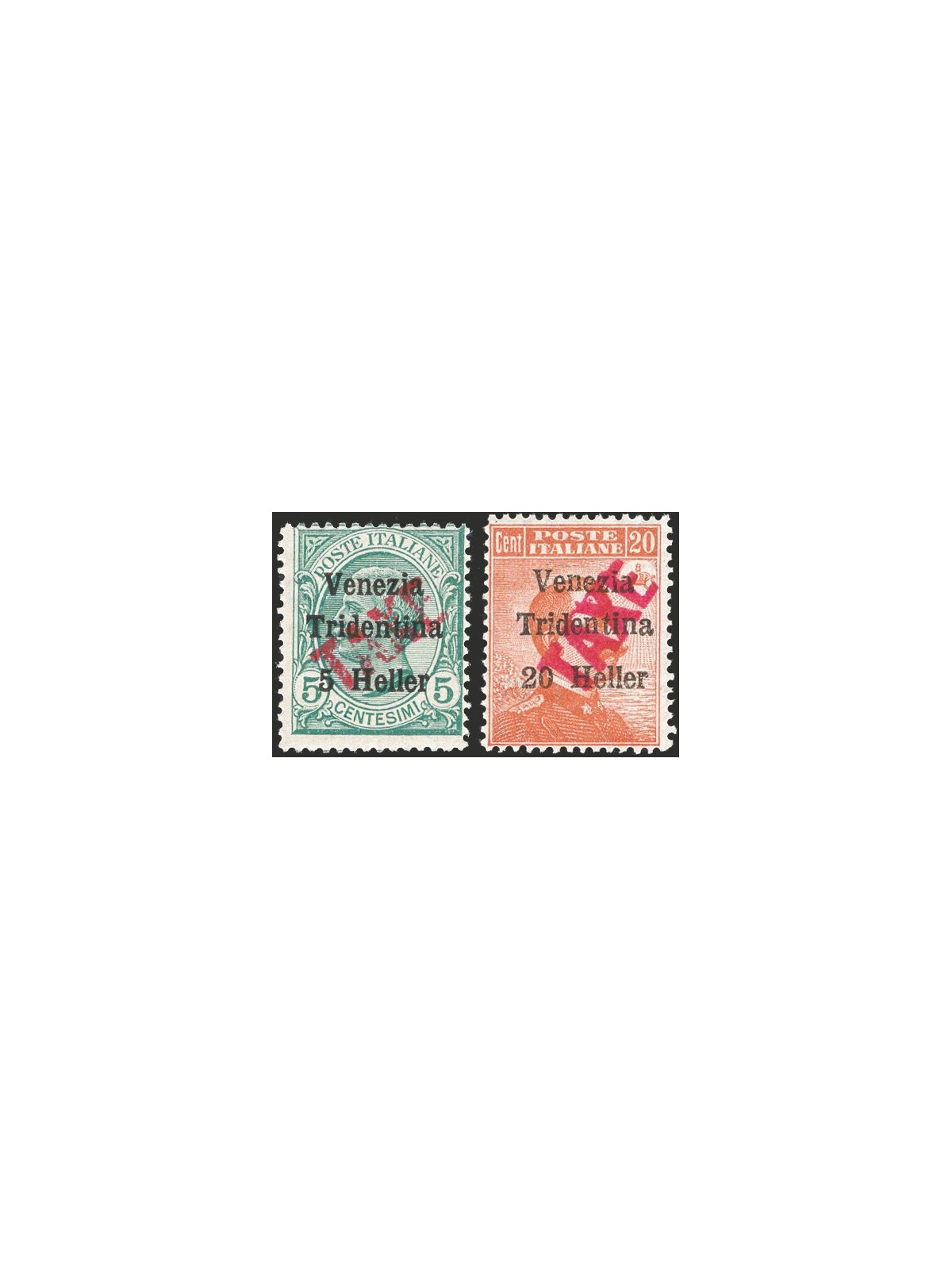 Trentino 1918/19 Venezia Tridentina 5 h. su 5 c. e 20 h. su 20 c. con soprast. "TAXE" in rosso n° BZ3 47/48 Cert. Biondi Cat. € 