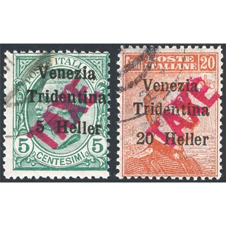 Trentino 1918/19 Venezia Tridentina 5 h. on 5 c. and 20 h. on 20 c. with overprint “TAXE” in red no. BZ3 47/48 Cert. Biondi Cat.