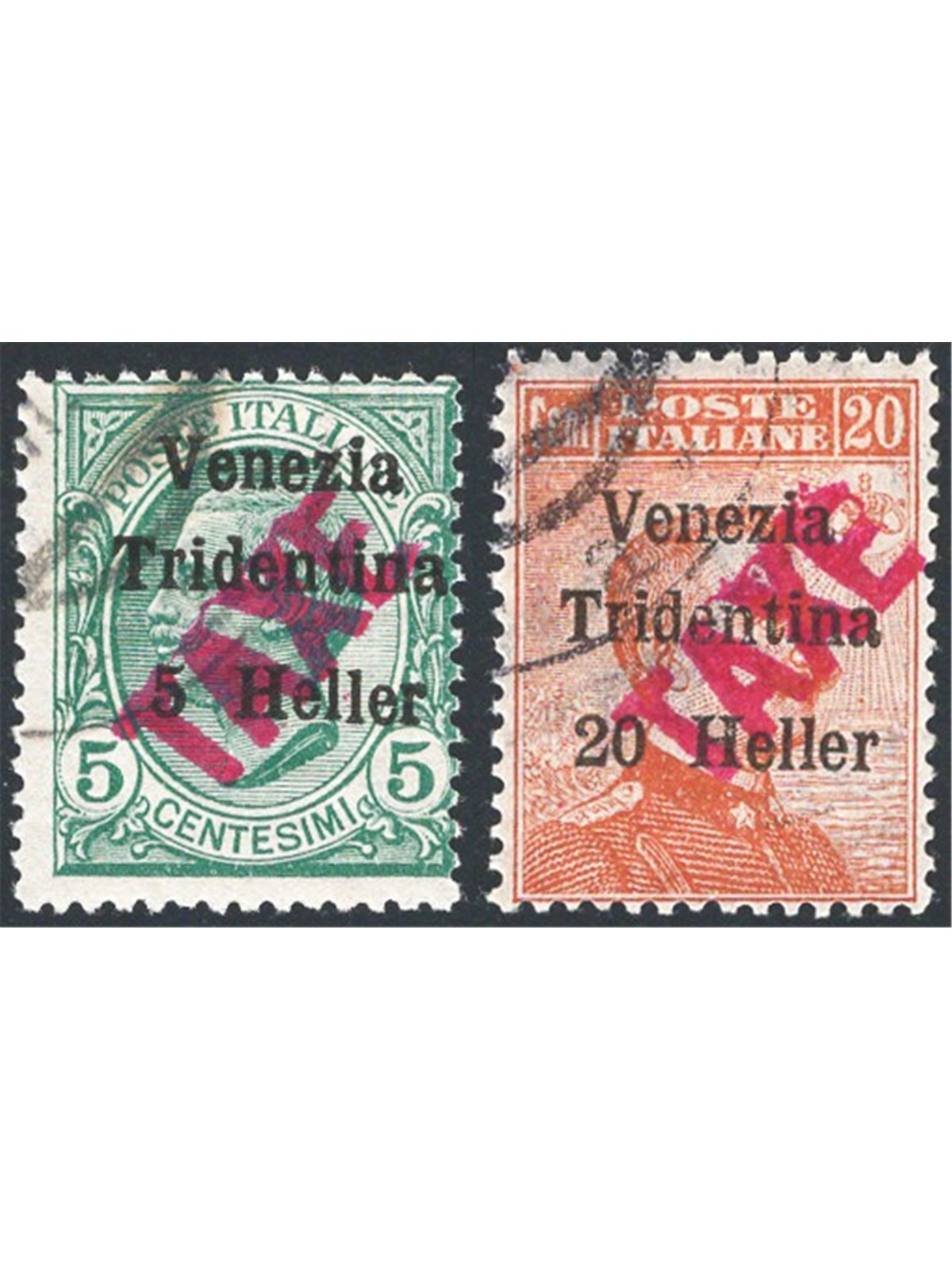 Trentino 1918/19 Venezia Tridentina 5 h. su 5 c. e 20 h. su 20 c. con soprast. "TAXE" in rosso n° BZ3 47/48 Cert. Biondi Cat. € 