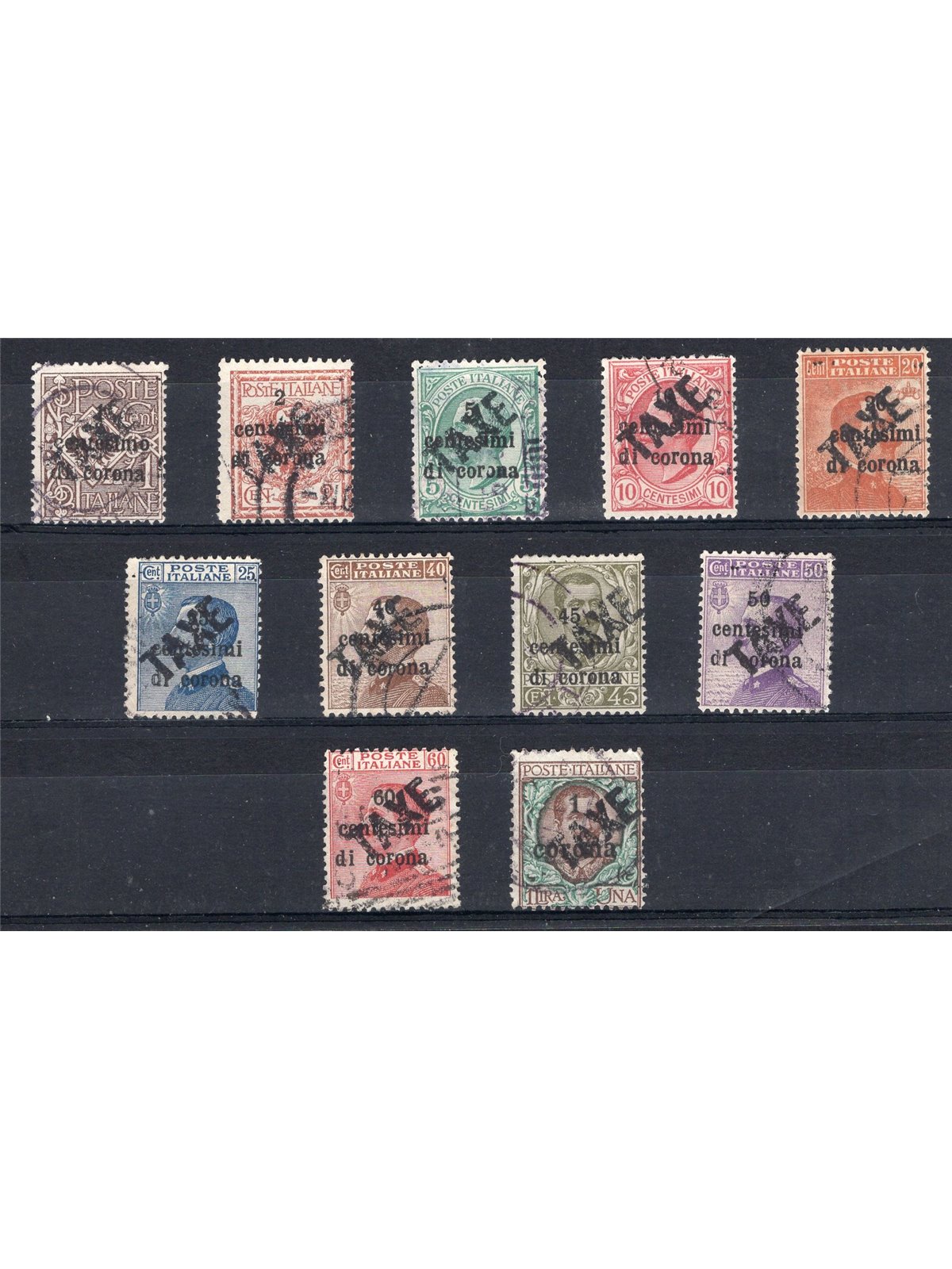 Trentino 1918/19 Stamps of Trento and Trieste with ‘TAXE’ overprint in black series no. ° BZ3 49/59 Biondi Certified Cat. €2,215