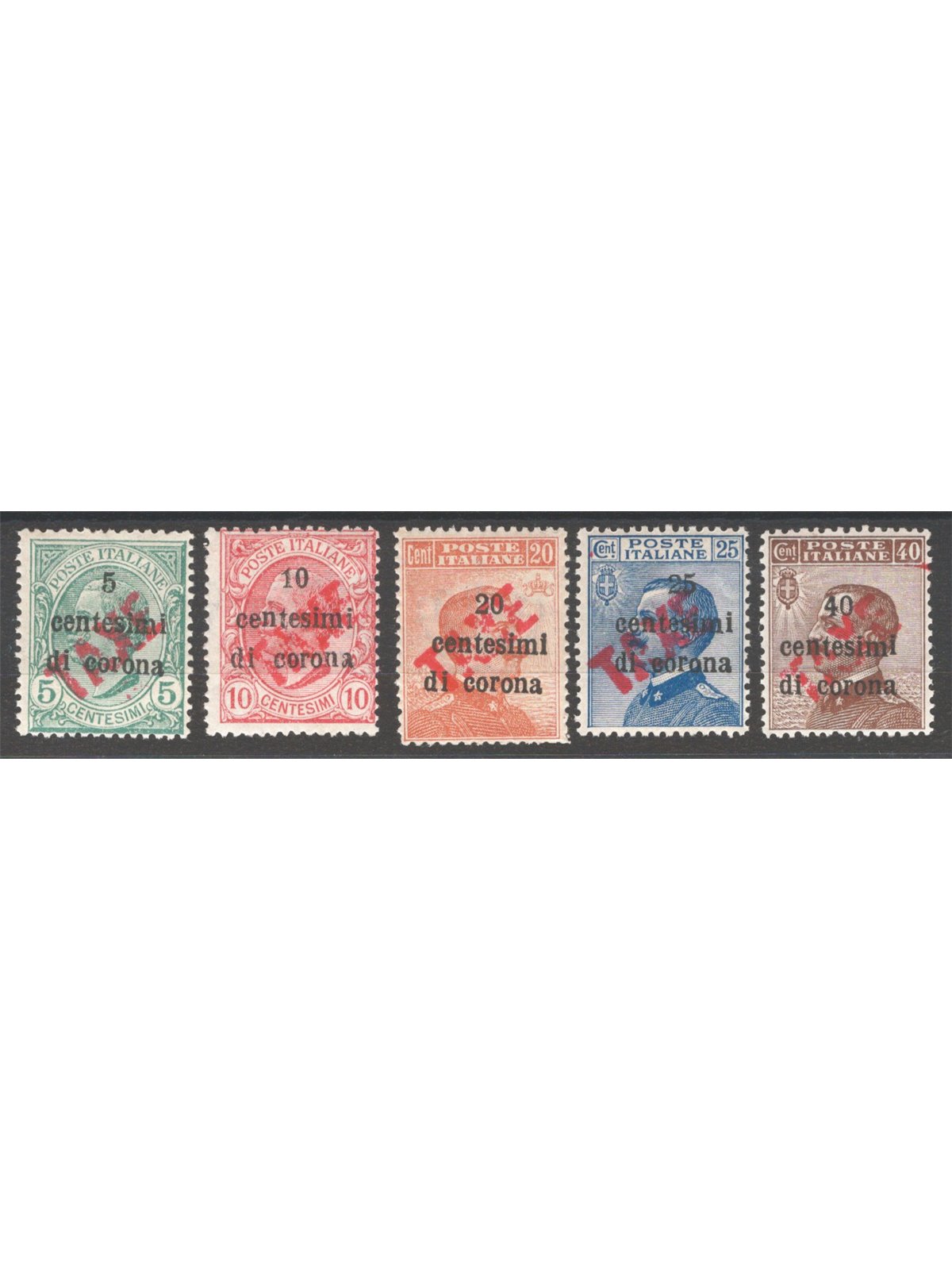 Trentino 1918/19 Francobolli di Trento e Trieste con soprast. "TAXE" in rosso serie n° BZ3 60/64 Cert. Biondi Cat. € 2.010 (**)