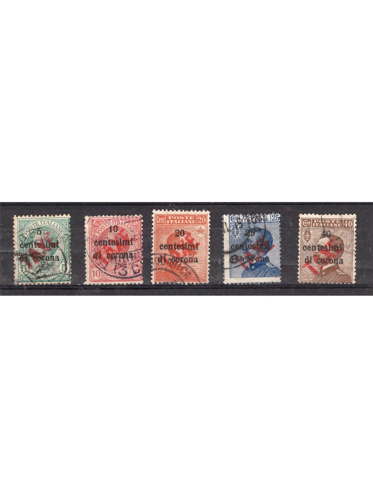 Trentino 1918/19 Francobolli di Trento e Trieste con soprast. "TAXE" in rosso serie n° BZ3 60/64 Cert. Biondi Cat. € 1.200 (U)