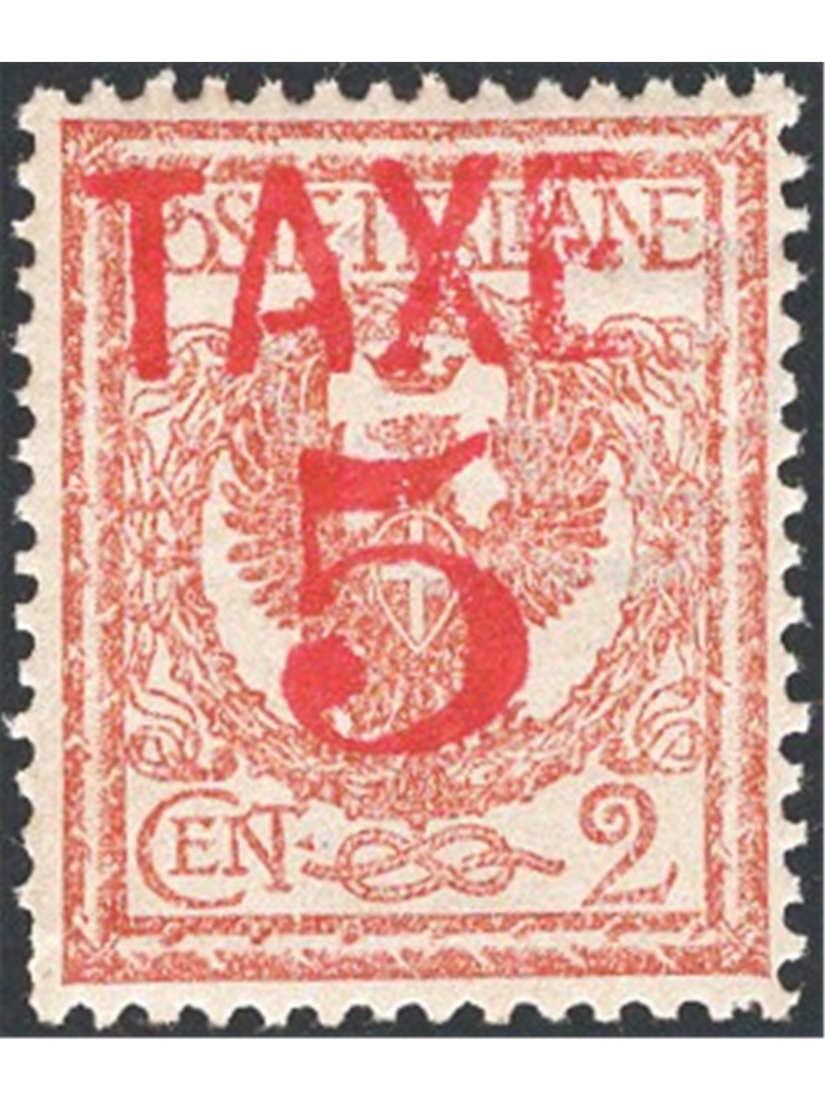 Trentino 1918/19  Floreale 2 c. con soprast. "TAXE 5" in rosso n° BZ3 76 Cert. Biondi Cat. € 200 (*)