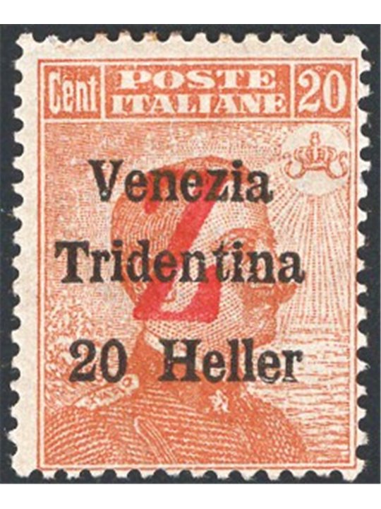 Trentino 1918/19 Venezia Tridentina 20 h. orange with a red overprint of a ’Z" no. BZ3 98 Biondi Cert. Biondi Cat. €350 (*)