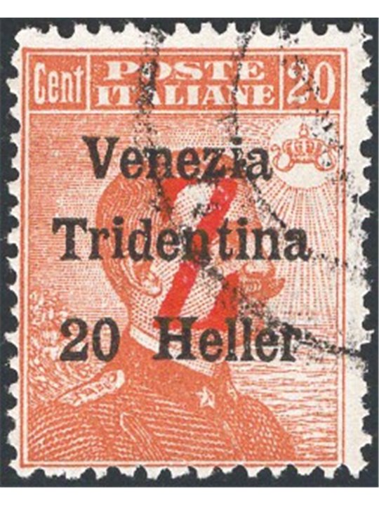 Trentino 1918/19 Venezia Tridentina 20 h. orange with a red overprint of a “Z” no. BZ3 98 Biondi Cert. Cat. €400 (U)
