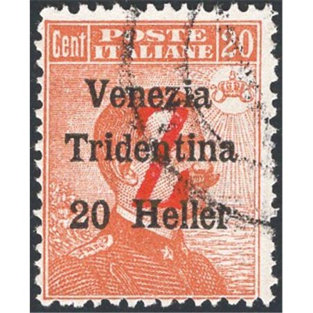 Trentino 1918/19 Venezia Tridentina 20 h. arancio con soprast. rossa di una "Z" n° BZ3 98 Cert. Biondi Cat. € 400 (U)