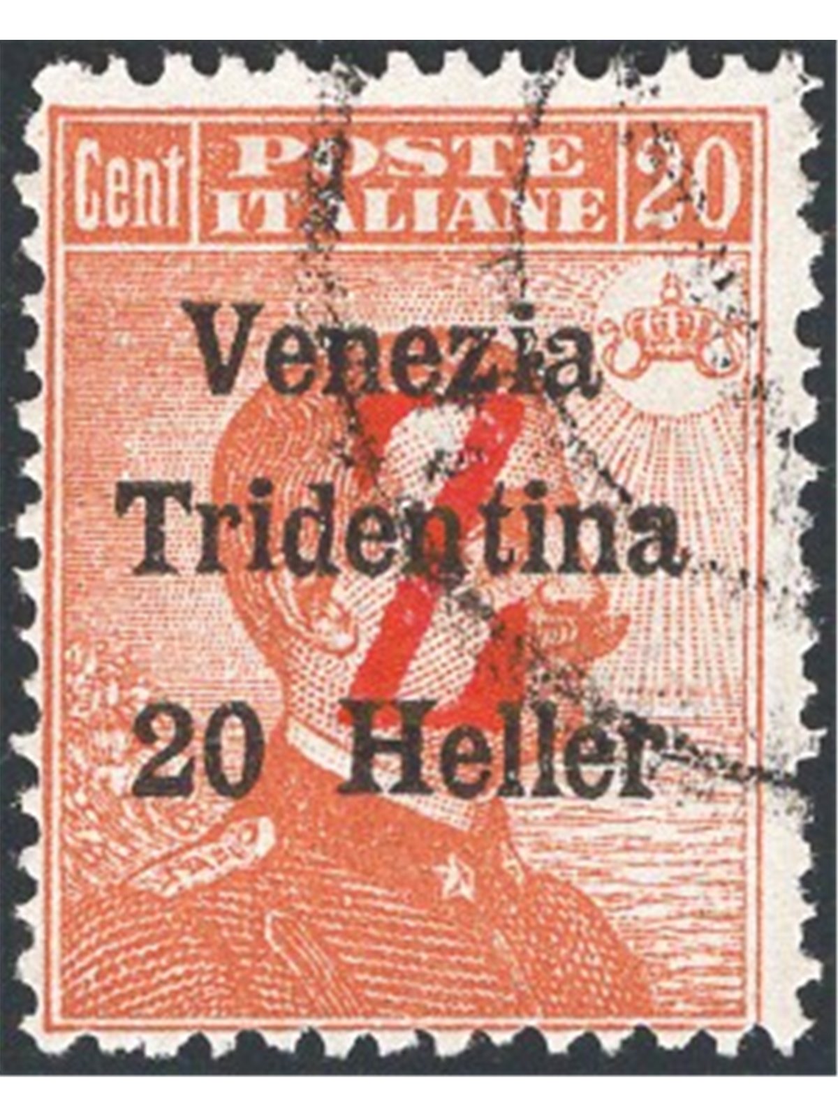 Trentino 1918/19 Venezia Tridentina 20 h. orange with a red overprint of a “Z” no. BZ3 98 Biondi Cert. Cat. €400 (U)