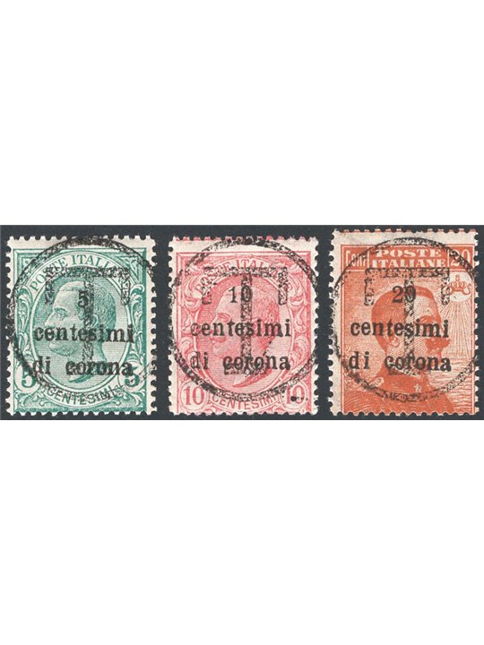 Trentino 1919 Francobolli di Trento e Trieste  con soprast. “T” grande in un cerchio serie n° 112/14. Firm. Biondi + AD + ED Cer
