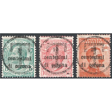 Trentino 1919 Francobolli di Trento e Trieste  con soprast. “T” grande in un cerchio serie n° 112/14. Firm. Biondi + AD + ED Cer