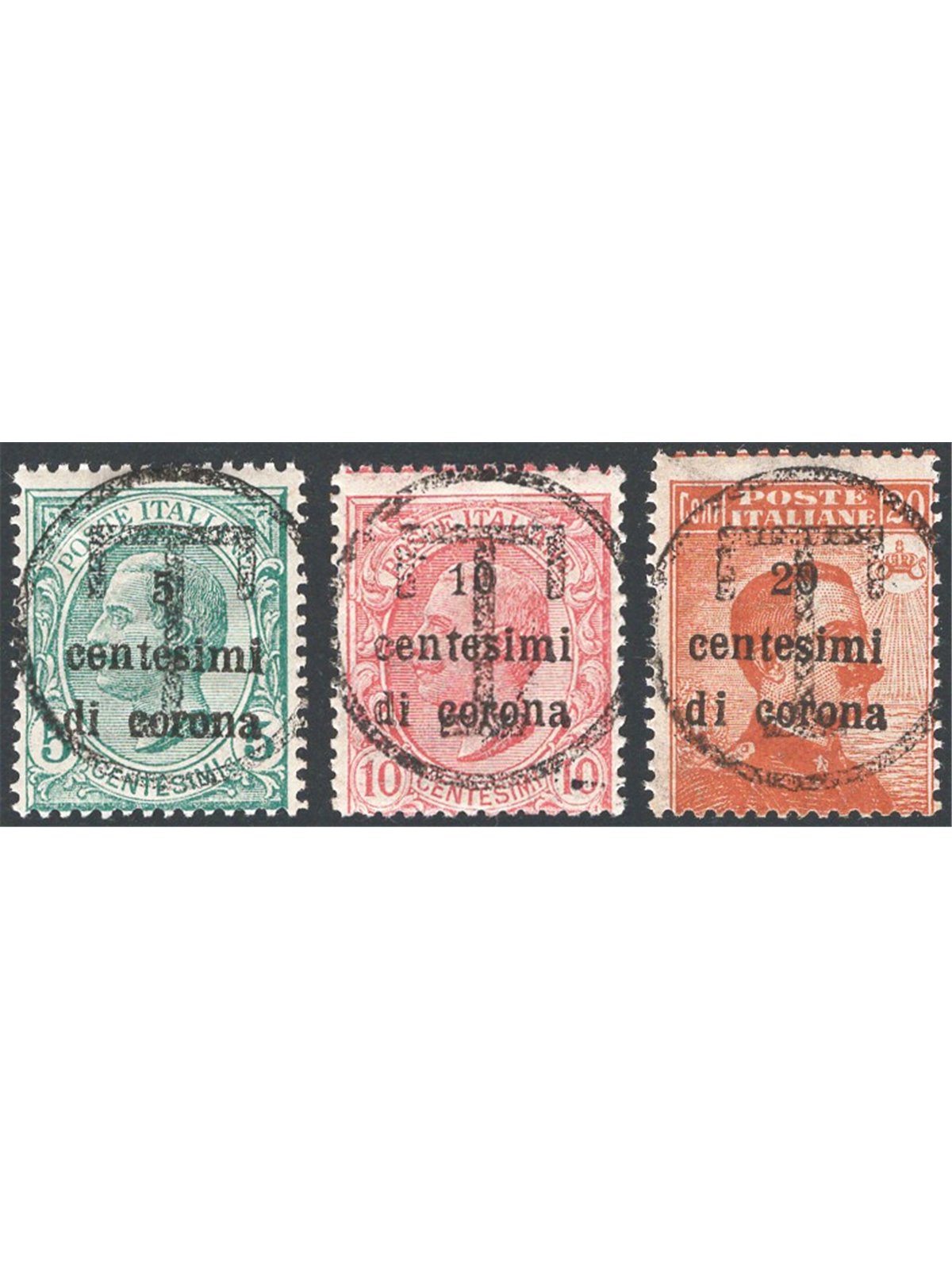 Trentino 1919 Stamps of Trento and Trieste with overprint: large “T” in a circle series no. 112/14. Signed Biondi + AD + ED CiBa