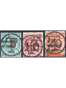Trentino 1918/19 Trento e Trieste con 5 c. + 10 c. + 20 c. con soprast. in nero di una "T" e cifra serie n° BZ3 112/14 Cert. Bio