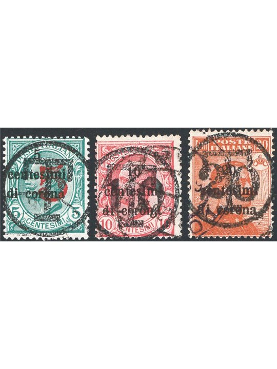 Trentino 1918/19 Trento e Trieste con 5 c. + 10 c. + 20 c. con soprast. in nero di una "T" e cifra serie n° BZ3 112/14 Cert. Bio