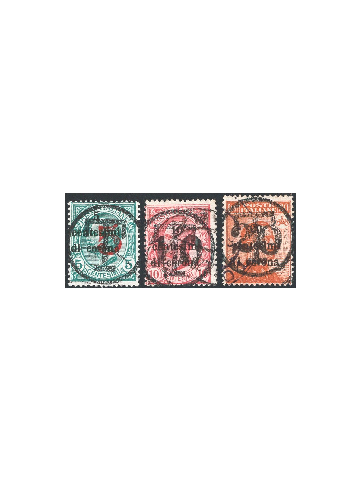 Trentino 1918/19 Trento e Trieste con 5 c. + 10 c. + 20 c. con soprast. in nero di una "T" e cifra serie n° BZ3 112/14 Cert. Bio