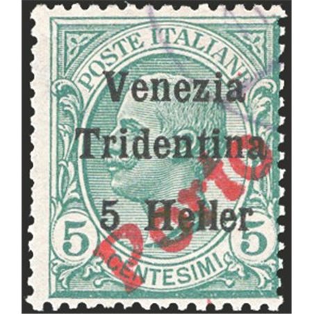 Trentino 1919 Venezia Tridentina 5 h su 5 c. verde tipo Leoni con soprast. rossa “Porto” n° 115 Cert. CiBaFil Cat. € 380 (U)
