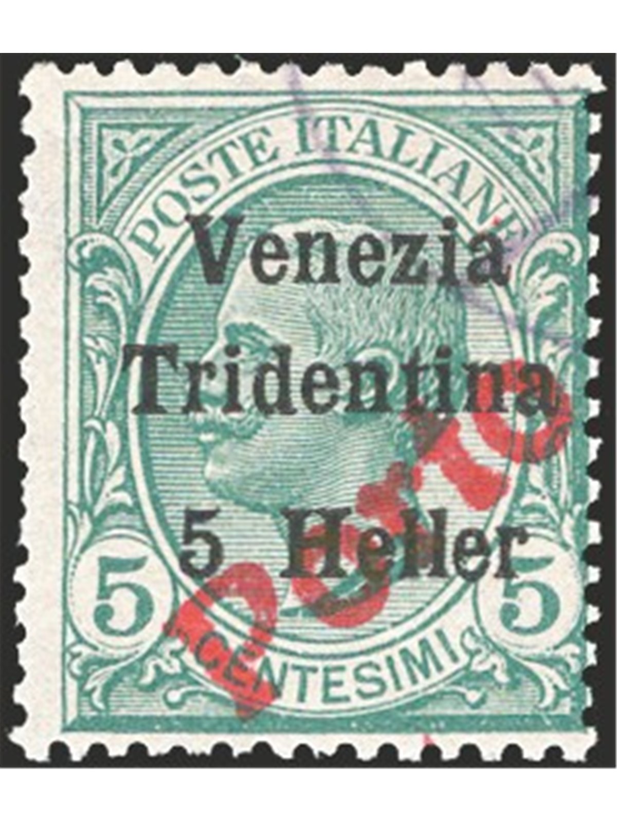 Trentino 1919 Venezia Tridentina 5 h su 5 c. verde tipo Leoni con soprast. rossa “Porto” n° 115 Cert. CiBaFil Cat. € 380 (U)