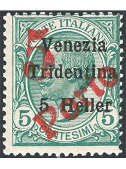 Trentino 1919 Floral 5 h. on 5 c. green with machine-stamped “5” and “PORTO” diagonally no. BZ3 129 CiBaFil Cert. Cat. €3,300 (*