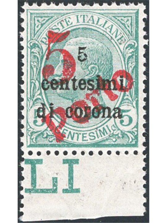 Trentino 1919 Floreale 5 c. su 5 c. verde con soprast. “5” a macchina e “PORTO” in diagonale n° BZ3 129B Cert. CiBaFil Cat. € 3.