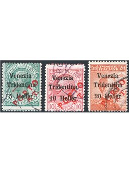 Trentino 1918/19 Venezia Tridentina overprint in red “Porto S.T.” series no. BZ3 130/32 Biondi certified Cat. €390 (U)