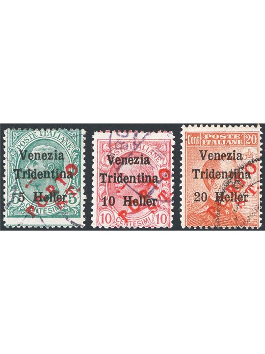 Trentino 1918/19 Venezia Tridentina overprint in red “Porto S.T.” series no. BZ3 130/32 Biondi certified Cat. €390 (U)