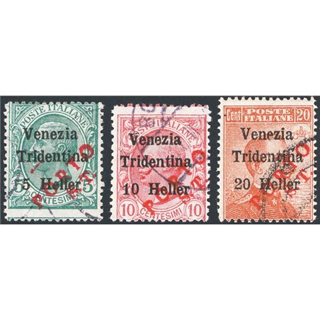 Trentino 1918/19 Venezia Tridentina soprast. in rosso "Porto S.T." serie n° BZ3 130/32 Cert. Biondi Cat. € 390 (U)