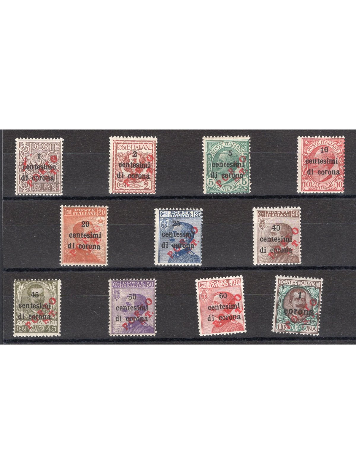 Trentino 1918/19 Trento e Trieste in cent. e corona con soprast. in rosso "PORTO S.T" in diagonale dall'alto in basso serie n° B