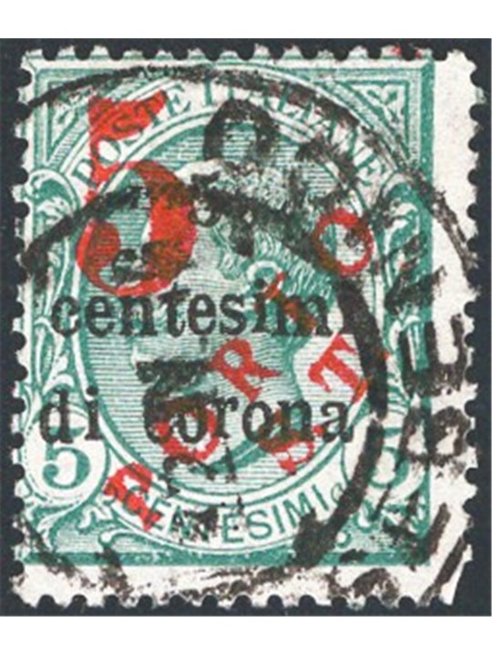 Trentino 1918/19 Trento e Trieste 5 c. su 5 c. verde con soprast. a macchina in rosso "5" e "Porto S.T." n° BZ3 147 Cert. Biondi