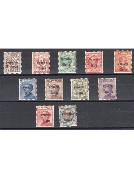 Venezia Giulia 1918/19 Soprast. serie n° 19/29 con ottima centratura Cert. Biondi Cat. € 3.500 (**)