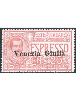 Venezia Giulia 1919 Express 25 c. overprint no. 1. Signed by Chia. Certified by CiBaFil. Catalogue price: €750 (**)