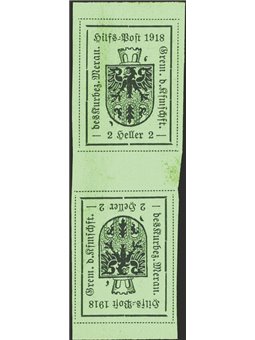 Merano 1918 Stemma 2 h. verde chiaro 1° tipo coppia verticale Tete-Beche n° 4d. Firm. Chia Cert. CiBaFil Cat. € 825 (**)