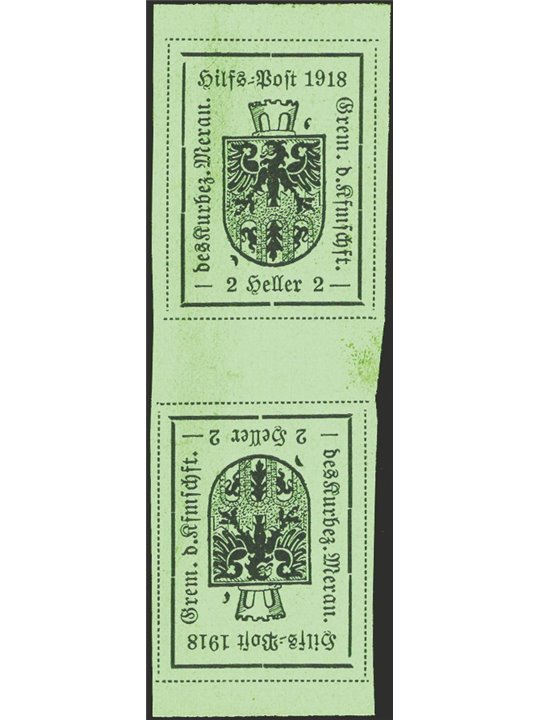 Merano 1918 Stemma 2 h. verde chiaro 1° tipo coppia verticale Tete-Beche n° 4d. Firm. Chia Cert. CiBaFil Cat. € 825 (**)