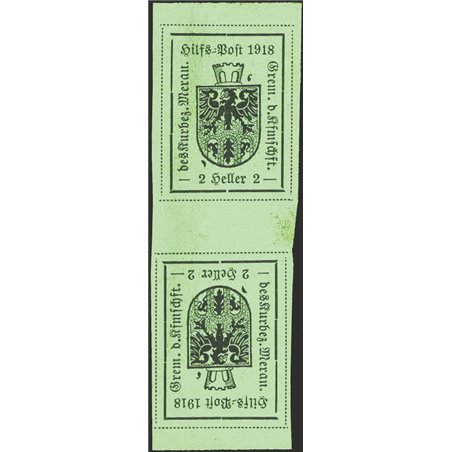 Merano 1918 Stemma 2 h. verde chiaro 1° tipo coppia verticale Tete-Beche n° 4d. Firm. Chia Cert. CiBaFil Cat. € 825 (**)