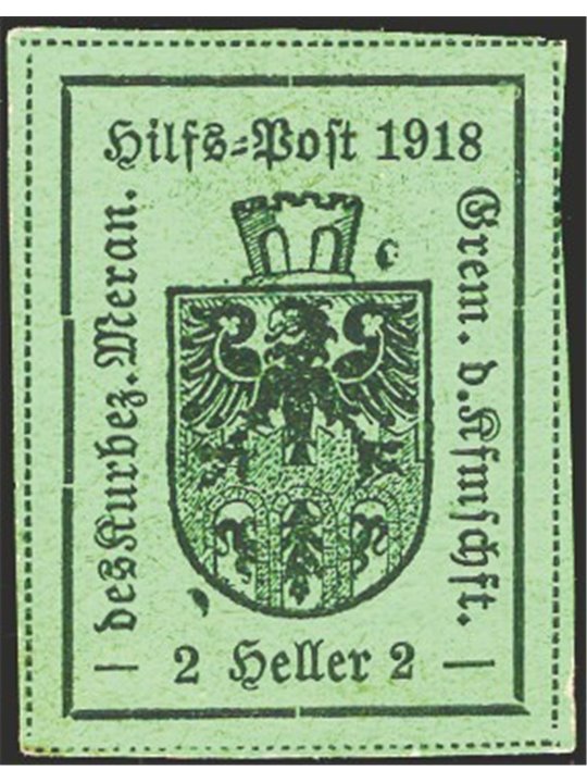 Merano 1918 Stemma 2 h. verde 2° tipo n° 6. Firm. Chia + ED + Altri Cert. CiBaFil Cat. € 2.800 (**)