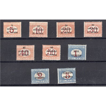 Trento e Trieste 1918 Segnatasse soprast. in corone serie n° 1/9 Cert. Biondi Cat. € 1.500 (**)