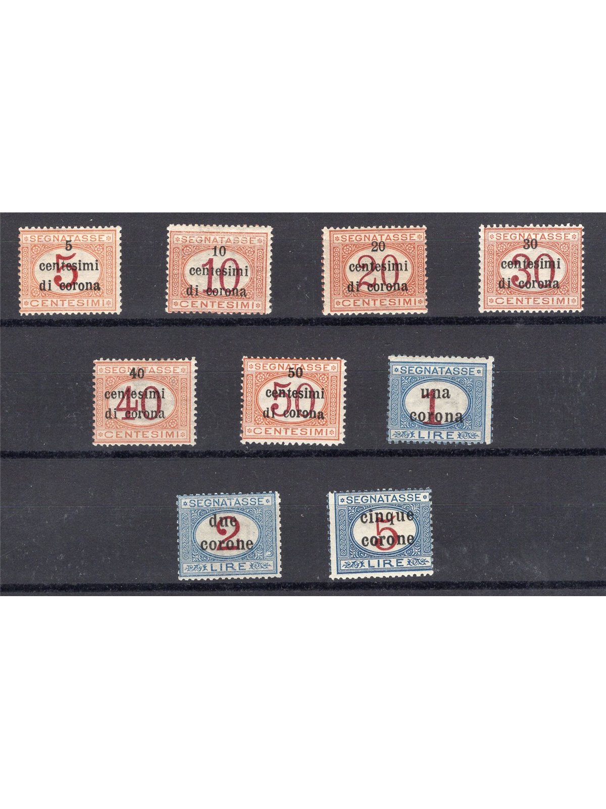 Trento e Trieste 1918 Segnatasse soprast. in corone serie n° 1/9 Cert. Biondi Cat. € 1.500 (**)