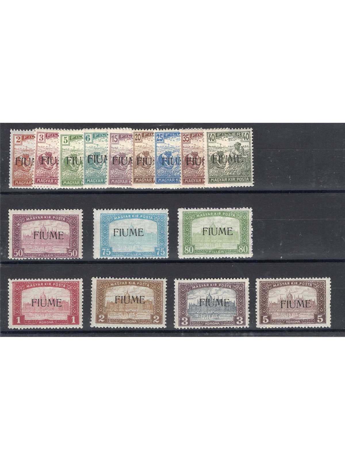 Fiume 1918/19 Mietitori e Vedute n° 4/7 + 9/20 Cert. Biondi Cat. € 2.465 (**)