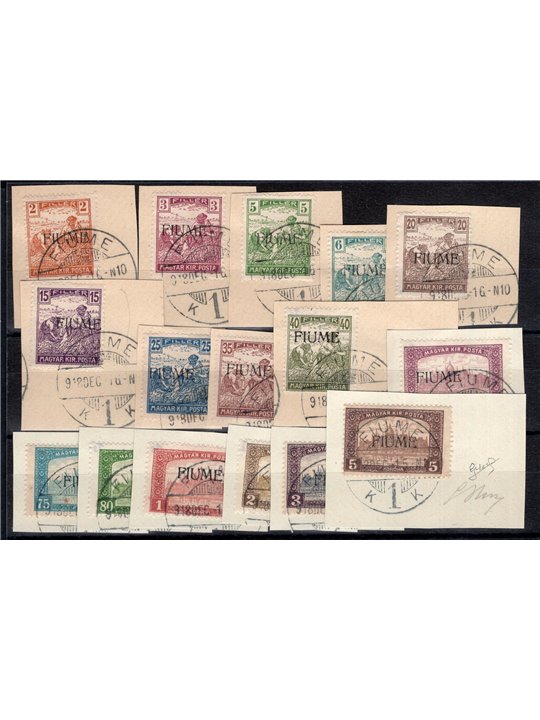Fiume 1918/19 Mietitori e Vedute n° 4/7 + 9/20 su frammenti Cert. Biondi Cat. € 350 (Fr)