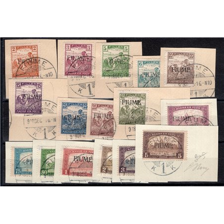 Fiume 1918/19 Mietitori e Vedute n° 4/7 + 9/20 su frammenti Cert. Biondi Cat. € 350 (Fr)