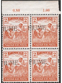 Fiume 1918 Mietitori e Vedute 2 f. giallo bruno con soprast. fortemente spostata a sinistra n° 4fca. Firm. Cavallo.  Cat. € 720 