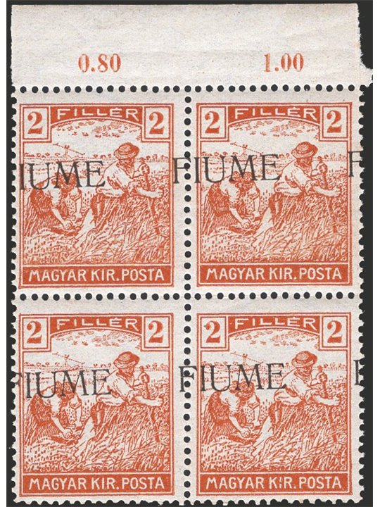 Fiume 1918 Mietitori e Vedute 2 f. giallo bruno con soprast. fortemente spostata a sinistra n° 4fca. Firm. Cavallo.  Cat. € 720 