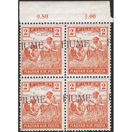 Fiume 1918 Reapers and Views 2 f. yellow-brown with overprint heavily shifted to the left no. 4fca. Signed Cavallo. Cat. € 720 (