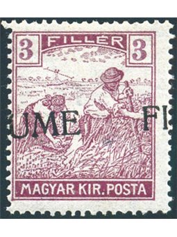 Fiume 1918/19 Mietitori e Vedute 3 f. con soprast. a macchina fortemente spostata a sinistra (UME FI) rara non catalogata (n° 5)