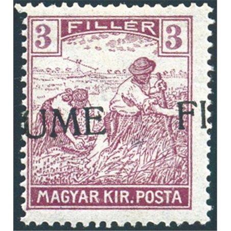 Fiume 1918/19 Mietitori e Vedute 3 f. con soprast. a macchina fortemente spostata a sinistra (UME FI) rara non catalogata (n° 5)