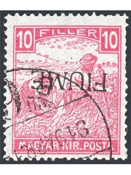 Fiume 1917 Mietitori 10 f. rosso cifre bianche con soprast. capovolta del II tipo a mano n° 22/IIb. Timbrino Safe. Firm. Raybaud