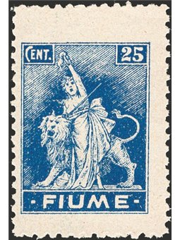 Fiume 1919 Allegoria 25 c. azzurro oltremare su carta tipo A con dent. 10½ n° A38/I Cert. Biondi Cat. € 7.000 (**)