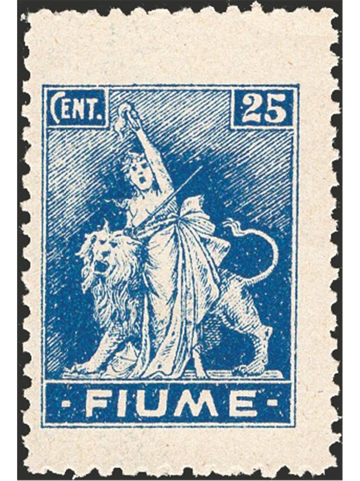 Rijeka 1919 Allegory 25 c. ultramarine blue on Type A paper with 10½ per line No. A38/I Biondi Cert. Cat. € 7,000 (**)