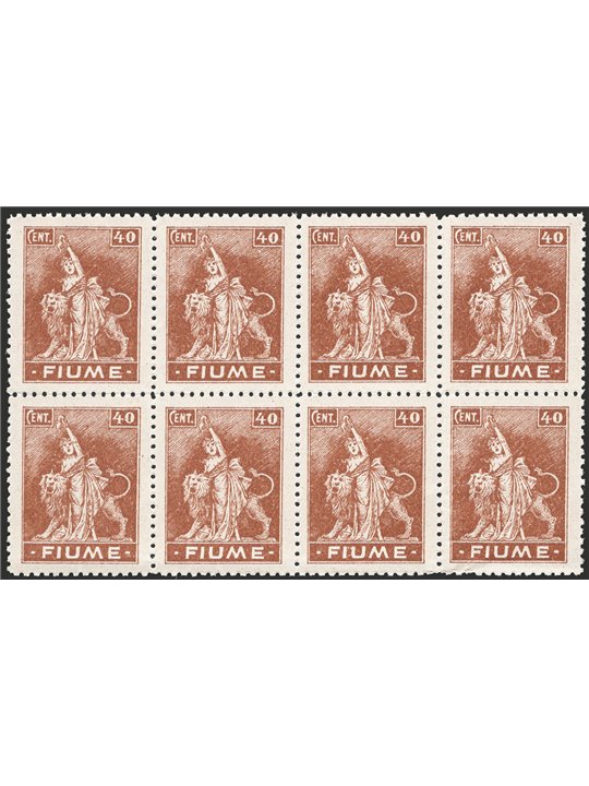 Fiume 1919 Allegoria 40 c. bruno su carta tipo C in blocco di 8 con nitido decalco n° C40n Cat. 420 (**)