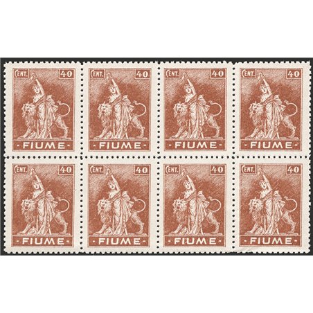 Fiume 1919 Allegoria 40 c. bruno su carta tipo C in blocco di 8 con nitido decalco n° C40n Cat. 420 (**)