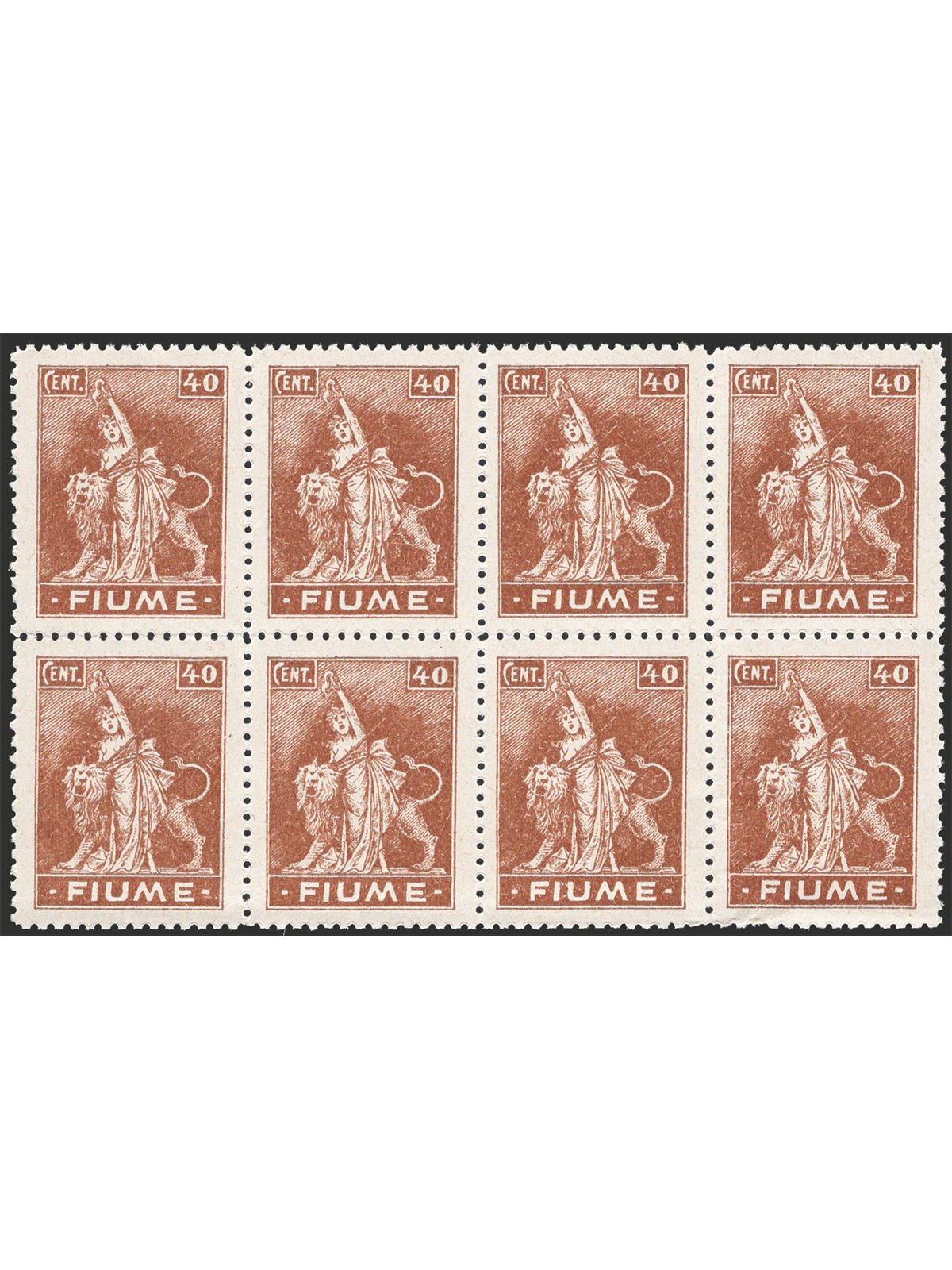 Fiume 1919 Allegoria 40 c. bruno su carta tipo C in blocco di 8 con nitido decalco n° C40n Cat. 420 (**)