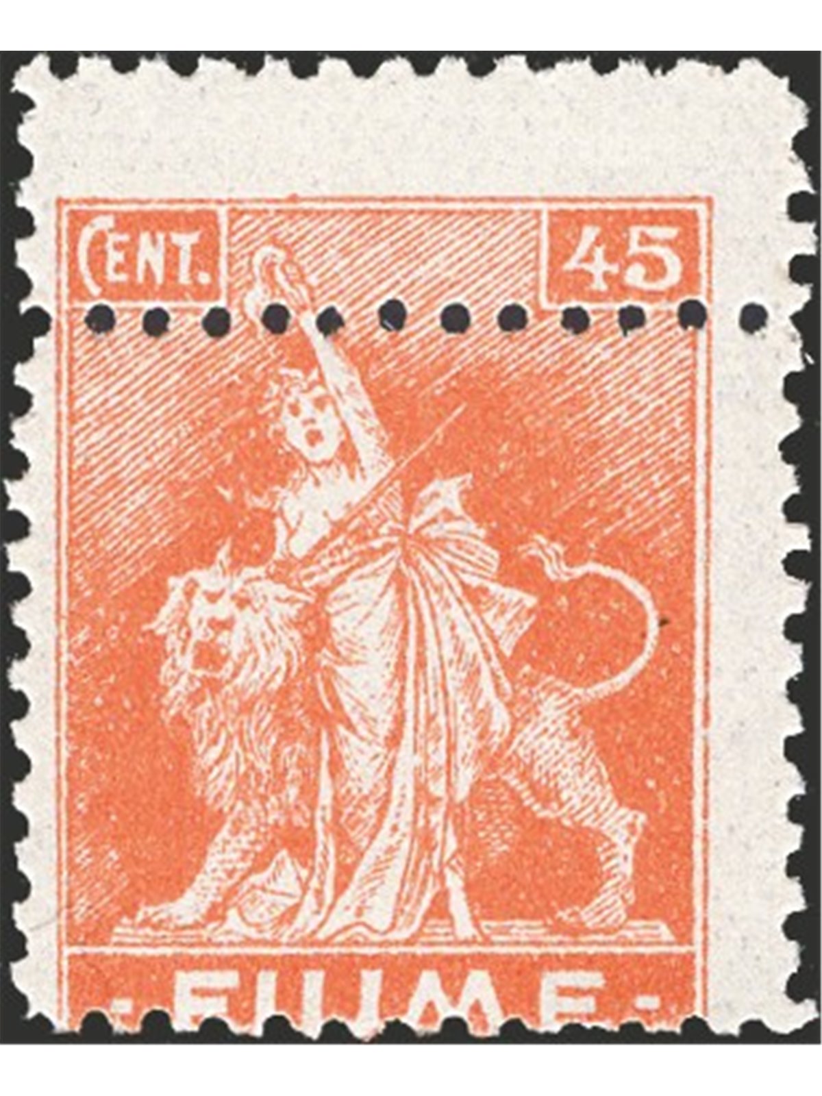 Rijeka 1919 Allegory 45 c. orange on Type A paper 10½ per line with double horizontal perforation at the top very rare and unlis